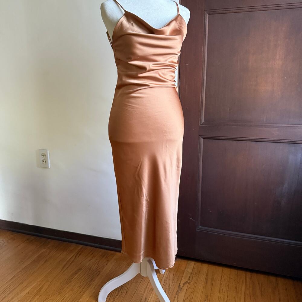 PRINCESS POLLY | Copper  Satin Cowl Neck High Slit Midi Slip Dress Cowl Neck  0